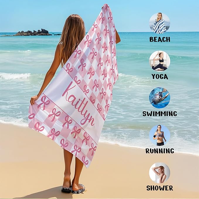 JML Personalized Beach Towel with Name, Custom Beach Towel with Text, Customized Bow Microfiber Pool Towel, Quick Dry & Absorbent Swim Towel for Adult,Anniversary, Birthday, Summer Holiday,Vacation-GravixFit