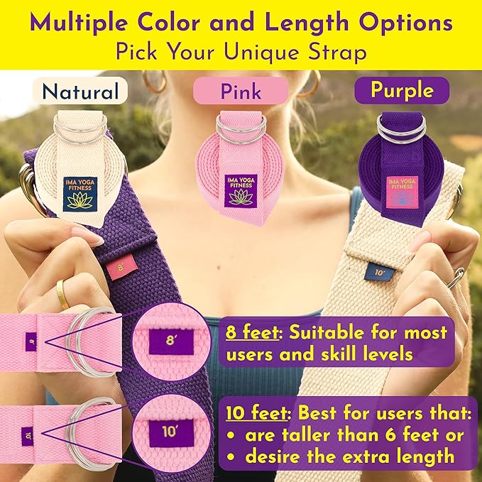 Adaptive Yoga Strap, Stretching Strap, 2 Inches Wide, 100% Naturally Soft Cotton, Steel D-Rings, Includes Natural Cotton Drawstring Storage Pouch and Instructional E-Book-GravixFit