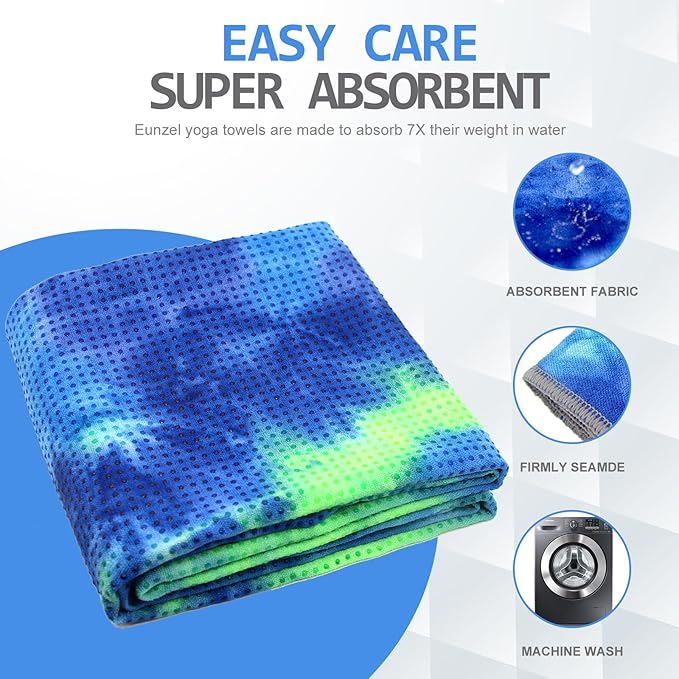 Eunzel Yoga Towel,Hot Yoga Mat Towel with Grip Dots Sweat Absorbent Non-Slip for Hot Yoga, Pilates and Workout 24" x72", Green & Blue-GravixFit