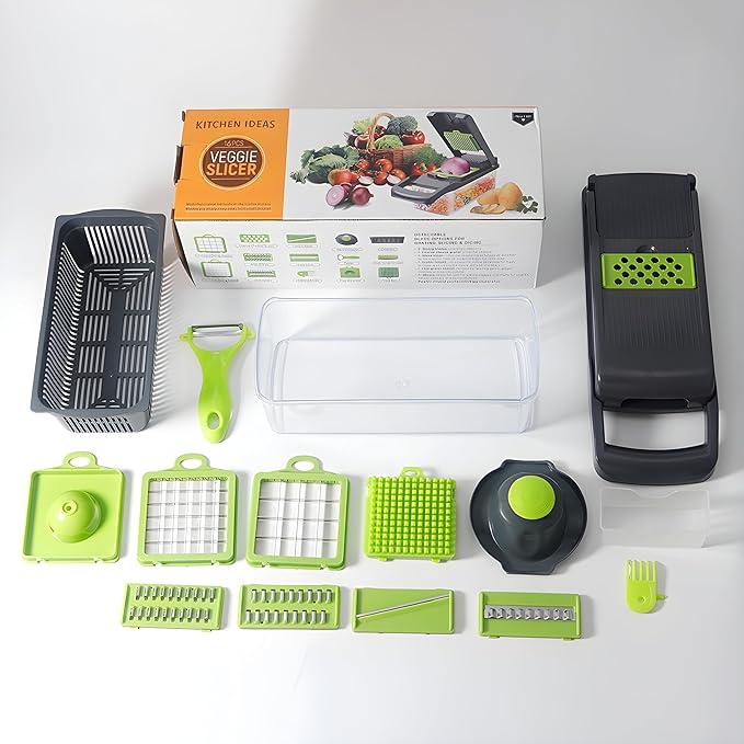 16-in-1 Vegetable Chopper & Slicer | Stainless Steel Mandoline Cutter with Onion Dicer, Grater, Spiralizer, Julienne Blades | Multifunctional & Manual Kitchen Tool I Lightweight & Easy To Use-GravixFit