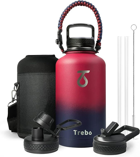 Trebo Insulated Water Bottle 64 oz, Half Gallon Metal Vacuum Water Jug with Paracord Handle and 3 Lids, Leakproof BPA-Free Flask for Gym Sports Hiking Travel, Keep Cold 48 Hours, Ruby Red-GravixFit