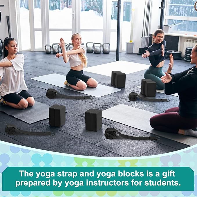 Meooeck 18 Pcs Yoga Block and Strap Set 9 x 6 x 3 Inch EVA Foam Non Slip Brick 8 ft Yoga Straps for Stretching D Ring Design for Back to School Pilates Fitness Workout Exercise-GravixFit