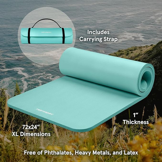 Retrospec Solana Yoga Mat 1" Thick w/Nylon Strap for Men & Women - Non Slip Exercise Mat for Home Yoga, Pilates, Stretching, Floor & Fitness Workouts - Blue Lagoon-GravixFit