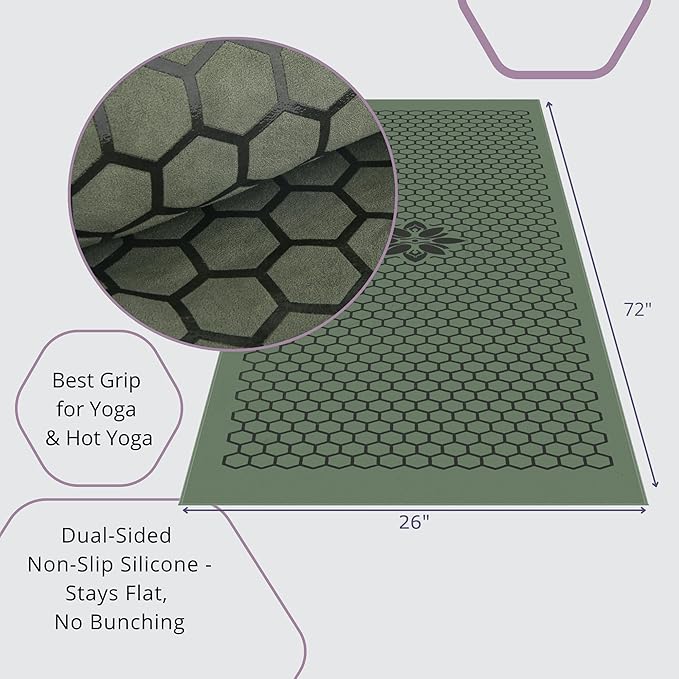 Clever Yoga Non-Slip Hot Yoga Towel – Non-Slip Grip for Hot Yoga, Sweat Absorbent, Honeycomb Silicone Grip, Stays Flat – Ideal for Pilates, Travel, Washable & Lightweight - Olive-GravixFit
