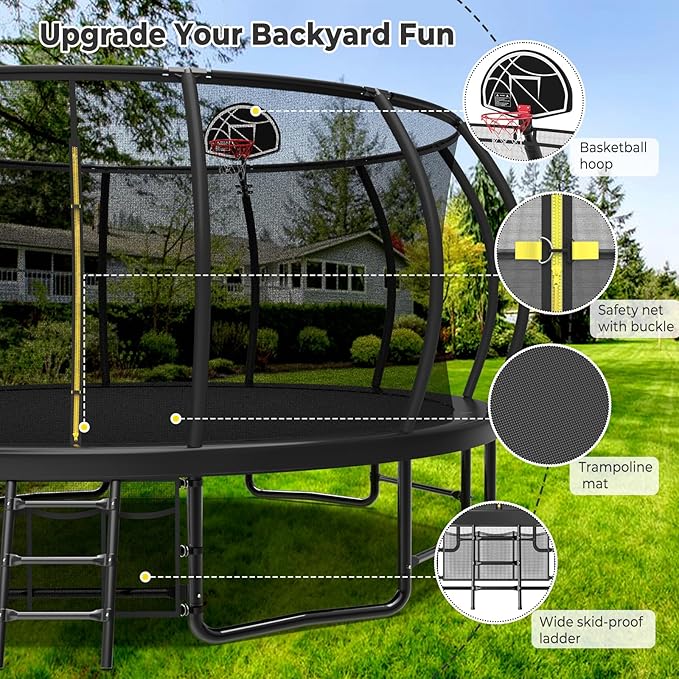 10 12 14 15 16FT Outdoor Trampolines for Kids and Adults, Pumpkin Trampoline with Curved Poles, Recreational Trampoline with Basketball Hoop and Safety Enclosure Net for Kids and Adults-GravixFit