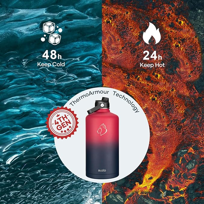 128oz Insulated Water Bottle, BUZIO Gallon Water Jug with Straw Lid and Carrying Sleeve (Cold for 48 Hrs) Stainless Steel Hydro Metal Canteen Water Flask, Ruby Red Navy-GravixFit