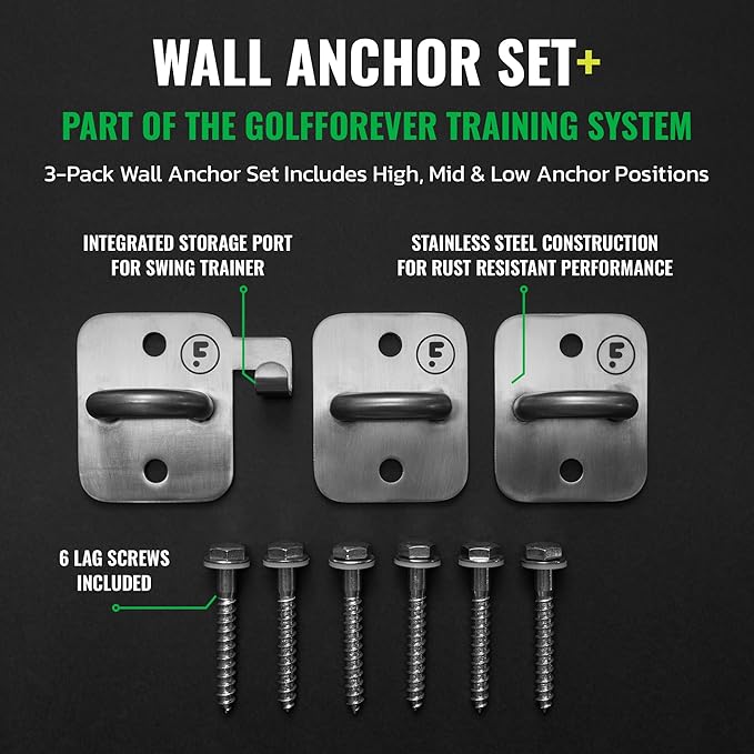 GolfForever Wall Anchor Set Proven by Golfer Scottie Scheffler | Golf Swing Training Wall Anchor Point | Premium Golf Training Workout Exercise Equipment to Expand Movements | 3-Pack | 6 Lag Screws-GravixFit
