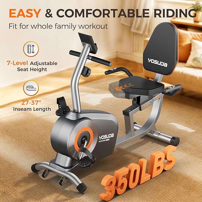 YOSUDA Recumbent Exercise Bike for Home，Magnetic Staionary Bike for Seniors/Adults with Adjustable Seat, 350LB Capacity, 16-level Resistance, LCD Monitor & Pulse Sensors-GravixFit