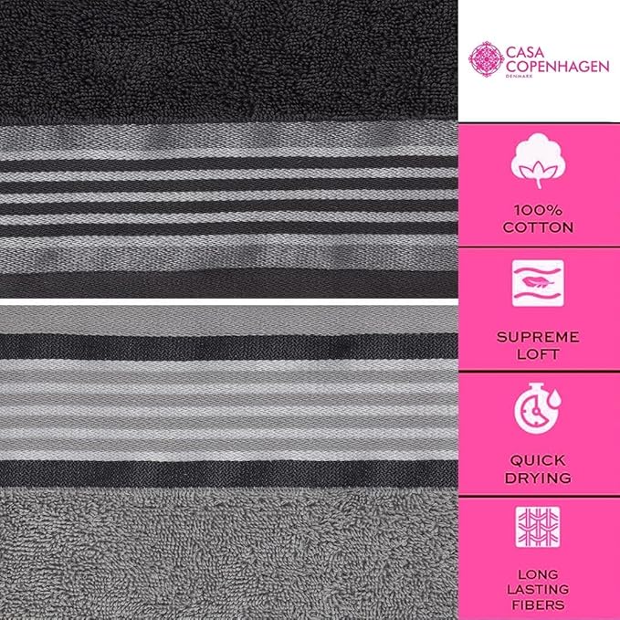 CASA COPENHAGEN® He & She 10 Pieces Hand Towel Set, Granite Grey + Mirage Grey, 550 GSM, 16x28 Inches, Designed in Denmark Super Soft and Absorbent, Egyptian Cotton Towels for Bathroom & Kitchen-GravixFit
