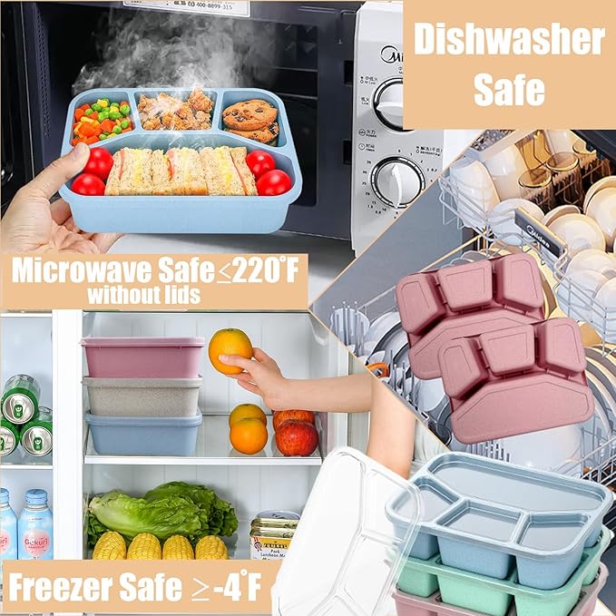15 PCS Bento Box, 4 Compartment Bento Box Adult Set, Wheat Straw Bento Lunch Box, Reusable Lunch Snack Box, Microwave, Dishwasher and Freezer Safe Meal Prep Containers for Work, School and Travel-GravixFit