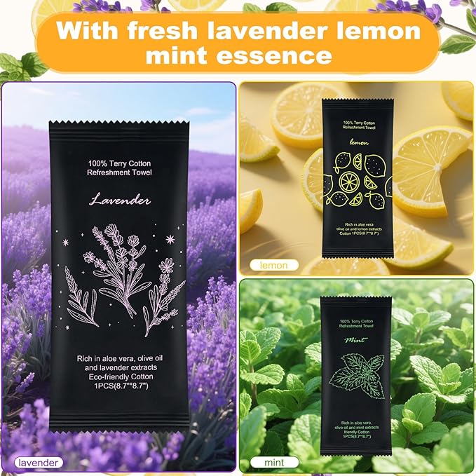 Moist Cotton Towel Bulk Moist Towelettes Individually Wrapped 8.7" x 8.7",White Towel Services,Refreshment Pre Moistened Towels Lavender, Lemon and Mint for Sport Party Spa （pack of 60)-GravixFit