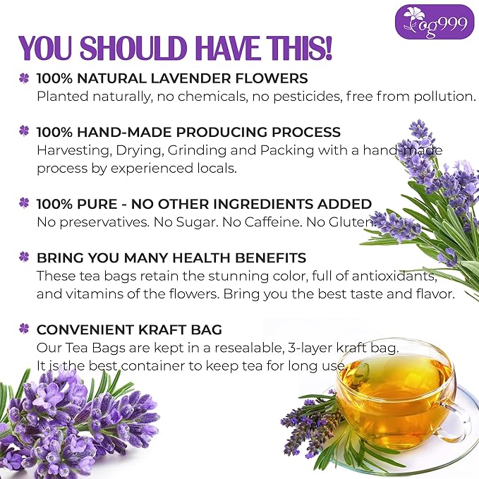 120 Lavender Flower Tea Bags, 100% Natural & Pure from Lavender Flowers. Loose Flower Lavender Herbal Tea. Lavender Flower Tea. No Sugar, No Caffeine, No Gluten, Vegan.-GravixFit