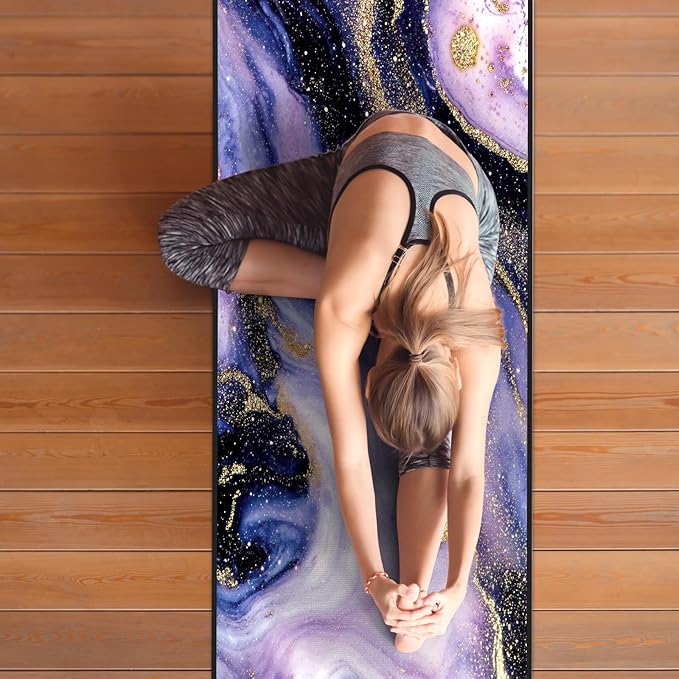 QIYI Large Yoga Mat Towel with Corner Pockets, Non Slip Sweat Absorbent Hot Yoga Towels, Soft Yoga Blankets with Travel Bag, Skidless Mat Cover for Workout, Gym, Fitness - 74"x26", Purple & Pink Grain-GravixFit