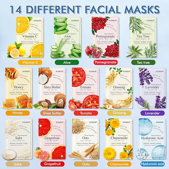 14 Pack Sheet Face Masks Skincare for All Skin Types, Hydrating Face Masks Suitable for Sensitive Skin, Bulk Facial Mask Set for Women Skin Care, Face Mask Gifts Set for Face Spa-GravixFit