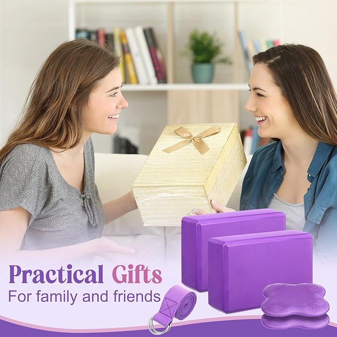 5 Pcs Yoga Blocks Knee Pads Yoga Strap Set Soft Premium Foam Blocks Accessories for Pilates Meditation General Fitness Stability, Kneeling, Balance, Deepen Stretches and Toning-GravixFit