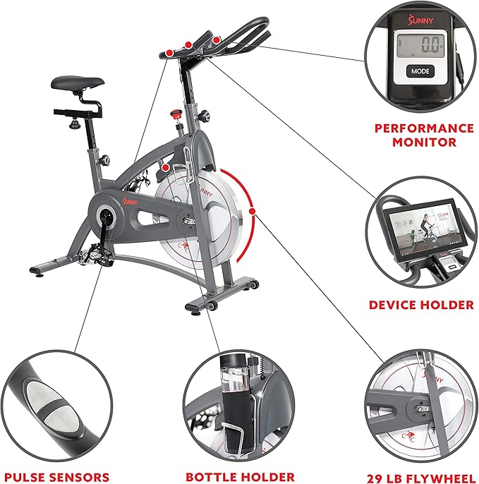 Sunny Health & Fitness Indoor Cycling Exercise Bike w/Pulse Sensors & 4-Way Adjustable Seat, Stationary Home Cardio Training Machine w/Micro-Adjustable Magnetic Resistance for Intensive Cardio Session