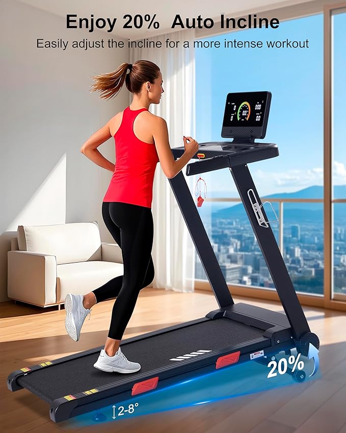 Auto Incline Treadmill, 20% Incline, 3.0HP, 10 MPH Running Machine, 18.5" Wide Belt, 350 lbs Capacity, Treadmill for Home with Bluetooth App-GravixFit