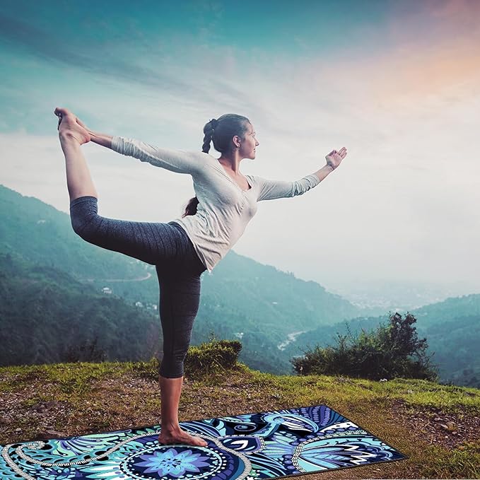 QiyI Yoga Mat Towel with Corner Pockets, Non Slip Sweat Absorbent Hot Yoga Towels, Soft Yoga Blankets with Travel Bag, Skidless Mat Cover for Workout, Gym, Fitness - 70"x26", Vintage Paisley-GravixFit