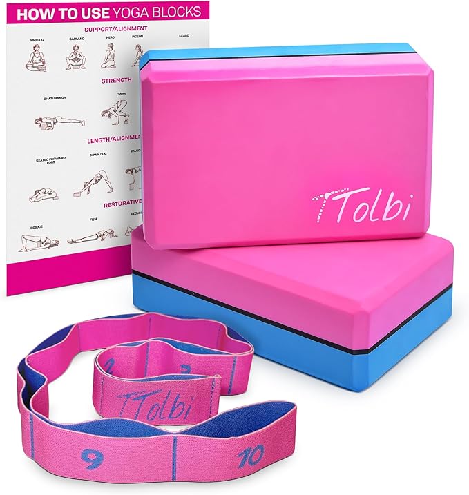 Yoga Blocks 2 Pack Set with Dance Stretch Band & Guide: Non-Slip EVA Foam Block - Ideal Stretching Equipment for Home Workouts, Pilates, Dance, Ballet, Gymnastics, Exercise - Stretch Strap Stuff Props-GravixFit
