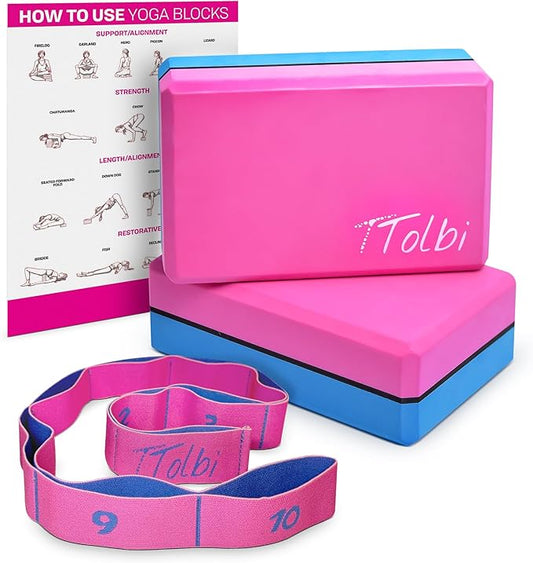 Yoga Blocks 2 Pack Set with Dance Stretch Band & Guide: Non-Slip EVA Foam Block - Ideal Stretching Equipment for Home Workouts, Pilates, Dance, Ballet, Gymnastics, Exercise - Stretch Strap Stuff Props-GravixFit