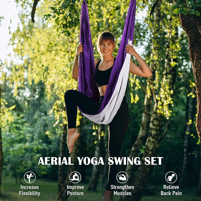 ZELUS Aerial Yoga Swing Sling Strong Yoga Hammock Kit Set Trapeze Inversion Equipment Include 2 Extensions Straps and Ceiling Mounting Kit-GravixFit