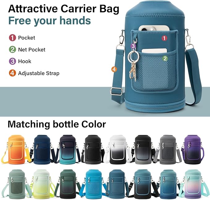 1 Gallon Water Bottle Insulated | Thickened Stainless Steel Vacuum Metal Water Jug | Portable Sports Large for Gym and Hiking with Straw, Carrier Bag, Handle Strap | BPA-Free 128 oz-GravixFit