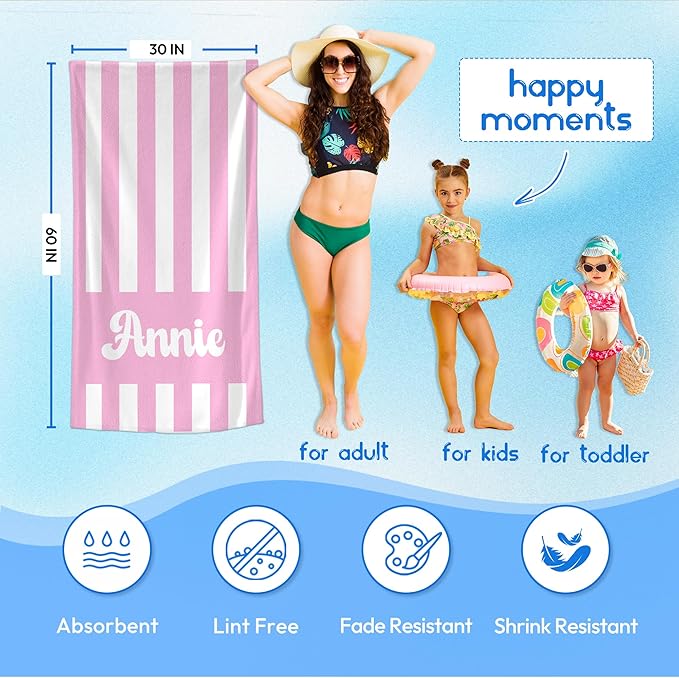 JML Personalized Beach Towel with Name, Custom Cabana Stripe Beach Towel, Customized Microfiber Pool Towel, Quick Dry & Absorbent Swim Towel for Adult,Mother's Day, Birthday, Summer Holiday,Vacation-GravixFit