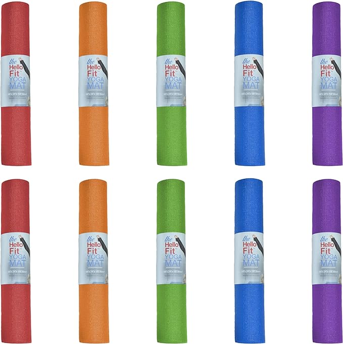 Hello Fit 10-Pack Yoga Mat, 68" x 24" Non Slip Exercise Mat, 4mm Thick Gym Mat for Fitness and Stretching, Bulk Non Toxic Yoga Mats for Schools and Studios-GravixFit