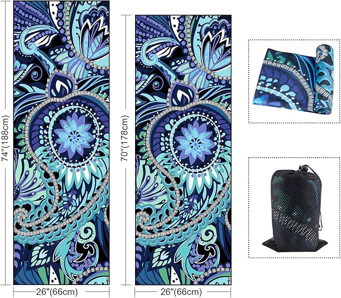 QiyI Yoga Mat Towel with Corner Pockets, Non Slip Sweat Absorbent Hot Yoga Towels, Soft Yoga Blankets with Travel Bag, Skidless Mat Cover for Workout, Gym, Fitness - 70"x26", Vintage Paisley-GravixFit