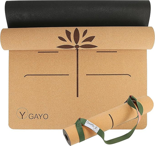 Premium Yoga Cork Mat | 5mm Thick Natural Tree Rubber Base and Bigger Mat for Extra Support, Alignment lines for Guidance | Non-Slip, Natural & Eco-friendly, Your Ultimate Eco-Friendly Yoga Companion-GravixFit
