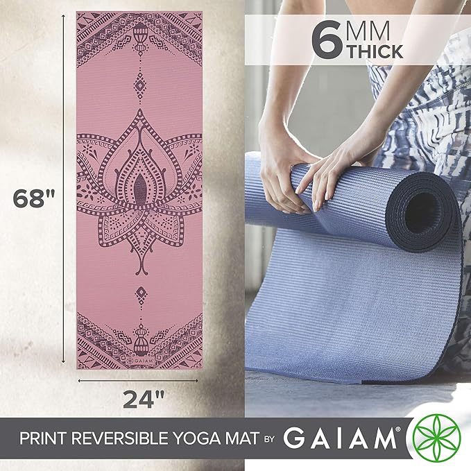 Gaiam Yoga Mat - Premium 6mm Print Reversible Extra Thick Non Slip Exercise & Fitness Mat for All Types of Yoga, Pilates & Floor Workouts (68" x 24" x 6mm Thick)-GravixFit