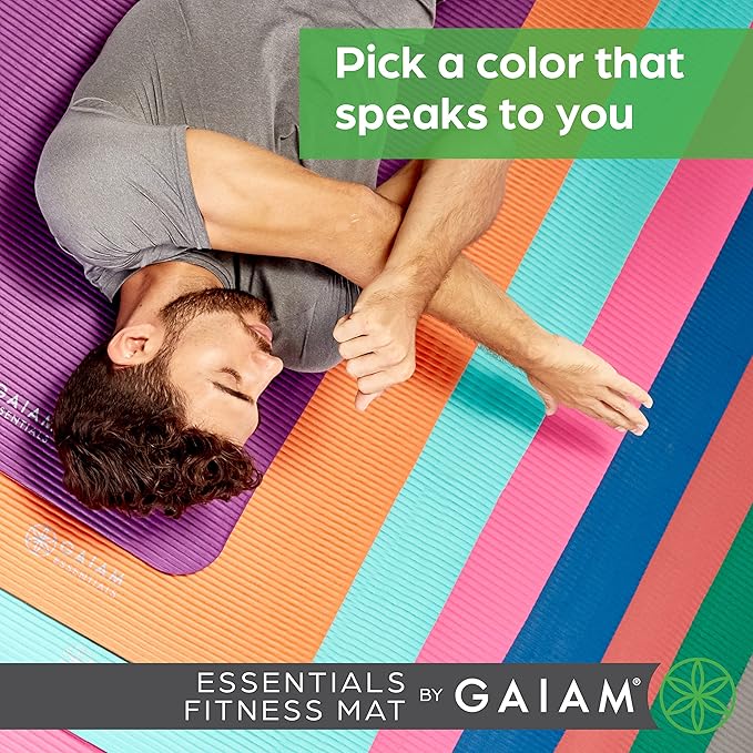Gaiam Essentials Thick Yoga Mat Fitness & Exercise Mat with Easy-Cinch Yoga Mat Carrier Strap, 72"L x 24"W x 2/5 Inch Thick-GravixFit