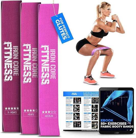 Fabric Mini Resistance Bands Sets for Trainers, Bootcamp, Gym for Men and Women in Fun Colors - Ebook, Videos and Workout Chart Included by Iron Core Fitness-GravixFit
