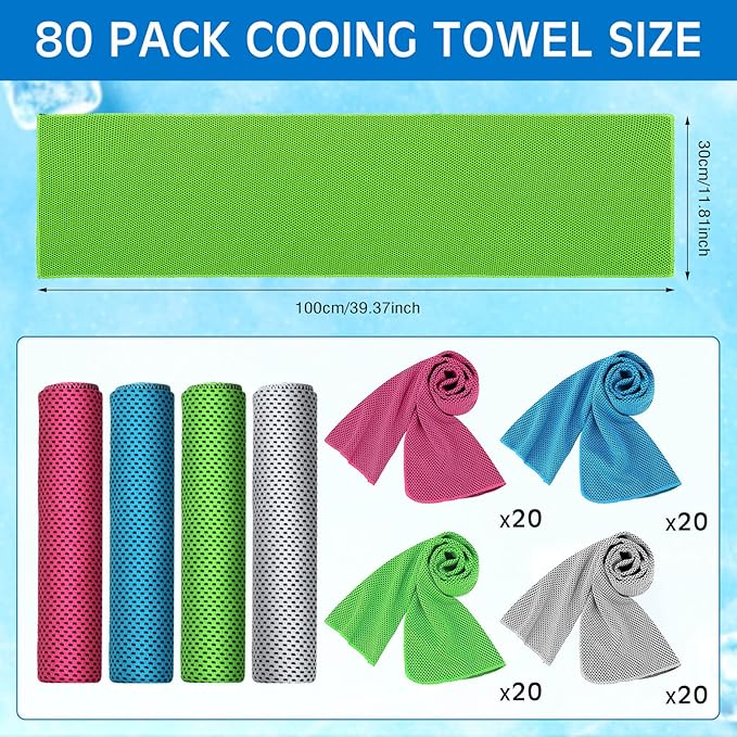 Shellwei 80 Pcs Cooling Towel Bulk 40 x 12 Inch Double Layer Microfiber Chilly Cold Towel for Neck Gym Yoga Running Workout Sports(Rose Red, Light Blue, Green, White)-GravixFit