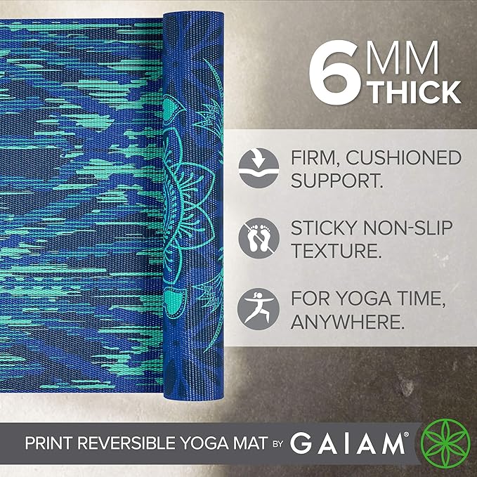 Gaiam Yoga Mat - Premium 6mm Print Reversible Extra Thick Non Slip Exercise & Fitness Mat for All Types of Yoga, Pilates & Floor Workouts (68" x 24" x 6mm Thick)-GravixFit