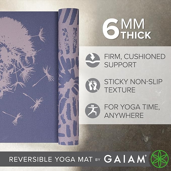 Gaiam Yoga Mat - Premium 6mm Print Reversible Extra Thick Non Slip Exercise & Fitness Mat for All Types of Yoga, Pilates & Floor Workouts (68" x 24" x 6mm Thick)-GravixFit