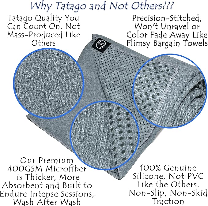 Tatago Hot Yoga Mat Towel Non Slip for Hot Yoga (72 inch) Our Hot Yoga Towel Non Slip Silicone Dabs & Absorbent Microfiber Blend Gives You More Grip As You Drip (Nube Gris-72, Standard - 72")-GravixFit