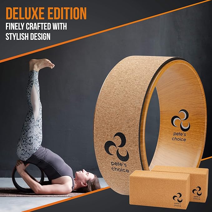 Deluxe Cork Yoga Wheel Set - Cork Wheel + 2 Blocks + Strap + Exercise Guide. Extra Firm Bricks. Better Support, Natural and Eco-Friendly. Home Exercise Kit. Ideal for Women Yogis.-GravixFit