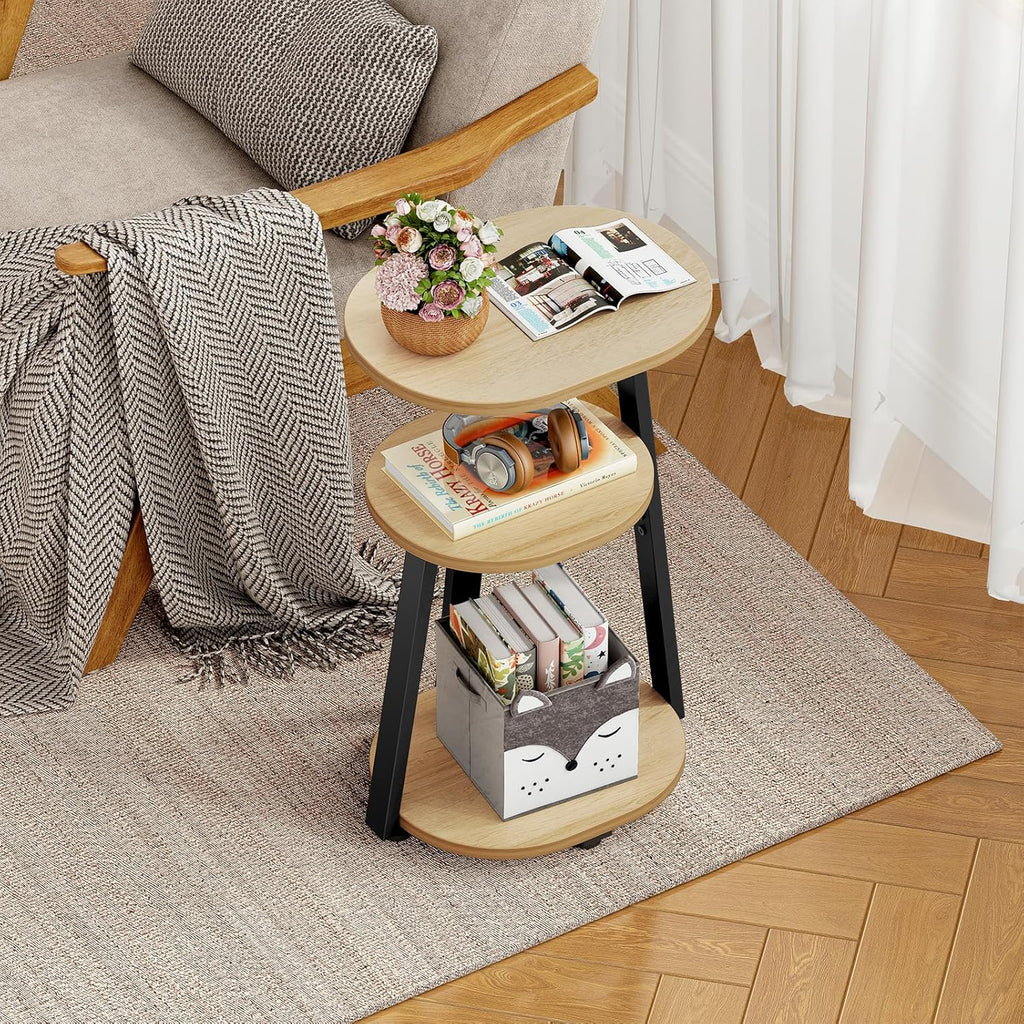 Side Table, Small End Table with Metal Frame, 3-Tier Bedside Tables, Round Side Tables for Living Room Bedroom Couch Bathroom, Oval, Modern Oak