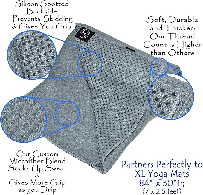 Tatago Hot Yoga Mat Towel Non Slip for Hot Yoga (72-84 inch Mats) Our Hot Yoga Towel Non Slip Silicone Dabs & Absorbent Microfiber Blend Gives You More Grip As You Drip! (Nube Gris, XL - 84")-GravixFit