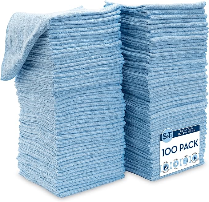 S&T INC. 100 Pack Microfiber Cleaning Cloth, Bulk Towels for Home, Reusable Microfiber Towels for Cars, Cleaning Rags, Light Blue, 11.5 Inches x 11.5 Inches, 100 Count-GravixFit