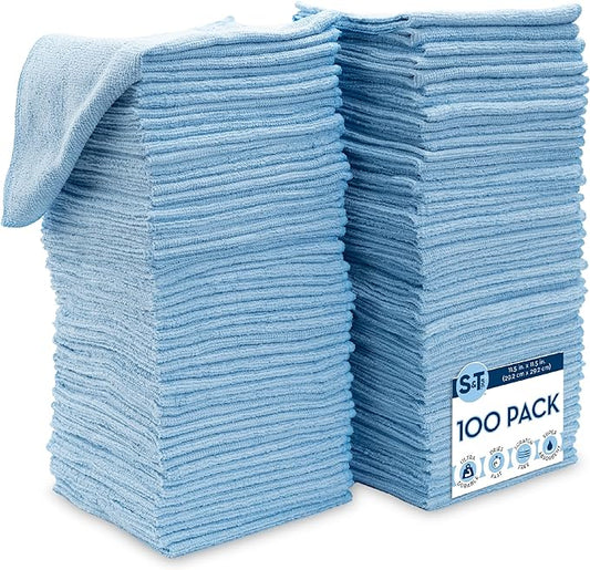S&T INC. 100 Pack Microfiber Cleaning Cloth, Bulk Towels for Home, Reusable Microfiber Towels for Cars, Cleaning Rags, Light Blue, 11.5 Inches x 11.5 Inches, 100 Count-GravixFit