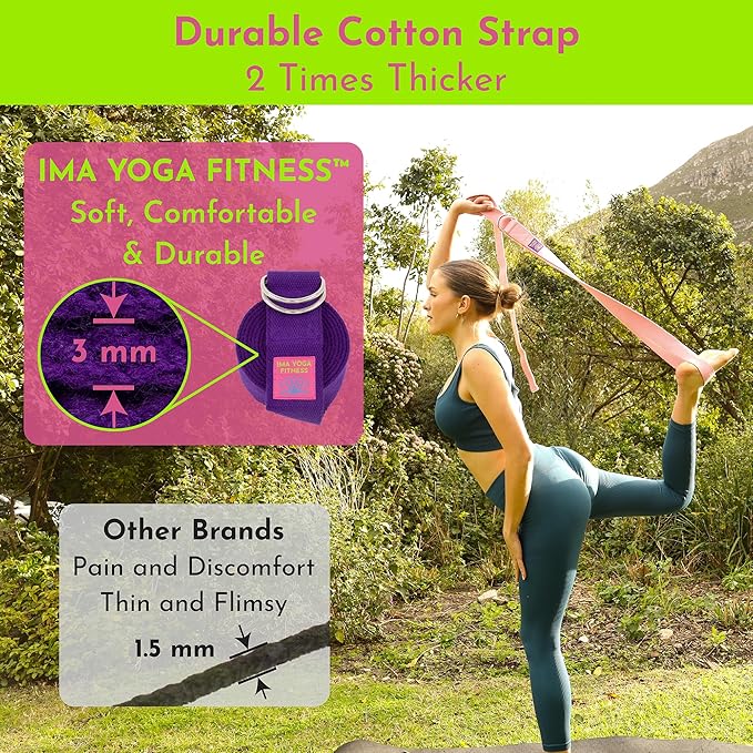 Adaptive Yoga Strap, Stretching Strap, 2 Inches Wide, 100% Naturally Soft Cotton, Steel D-Rings, Includes Natural Cotton Drawstring Storage Pouch and Instructional E-Book-GravixFit