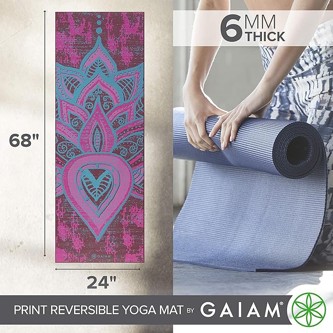 Gaiam Yoga Mat - Premium 6mm Print Reversible Extra Thick Non Slip Exercise & Fitness Mat for All Types of Yoga, Pilates & Floor Workouts (68" x 24" x 6mm Thick)-GravixFit