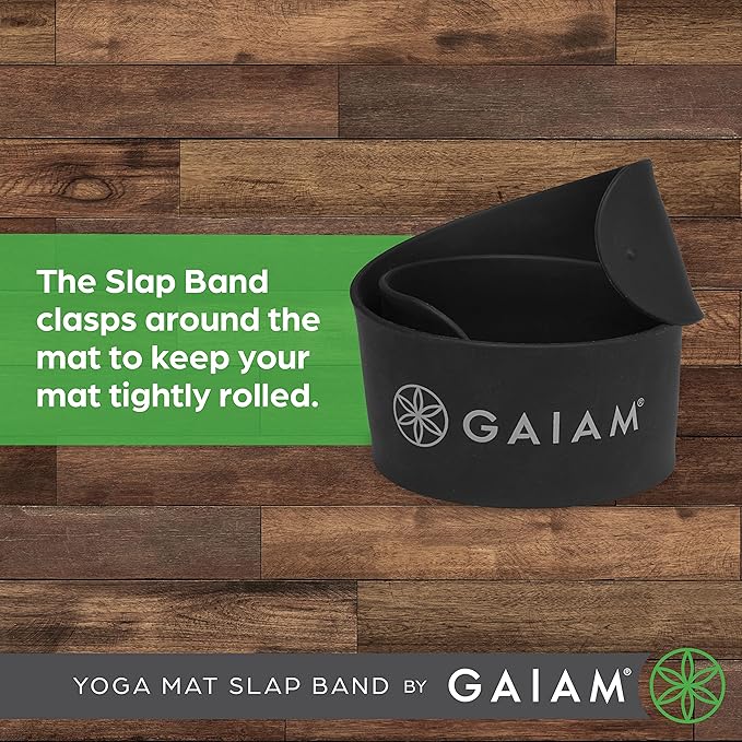 Gaiam Yoga Mat Strap Slap Band - Keeps Your Mat Tightly Rolled and Secure with One Snap - Strong Clasp for Yoga Mat Storage and Travel - Fits Most Size Mats (20"L x 1.5"W), Black-GravixFit