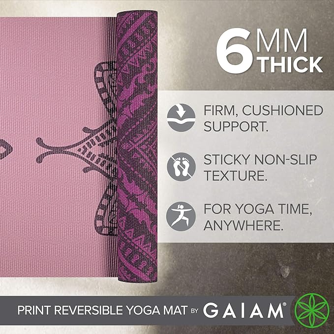 Gaiam Yoga Mat - Premium 6mm Print Reversible Extra Thick Non Slip Exercise & Fitness Mat for All Types of Yoga, Pilates & Floor Workouts (68" x 24" x 6mm Thick)-GravixFit