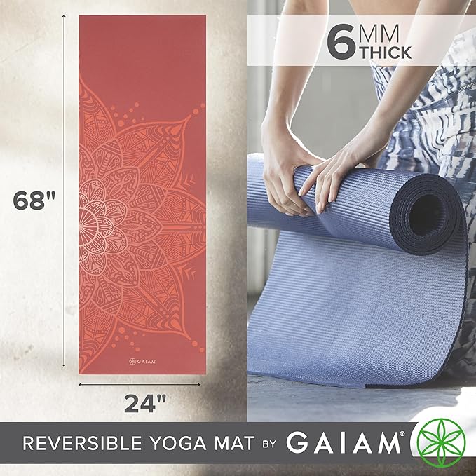 Gaiam Yoga Mat - Premium 6mm Print Reversible Extra Thick Non Slip Exercise & Fitness Mat for All Types of Yoga, Pilates & Floor Workouts (68" x 24" x 6mm Thick)-GravixFit