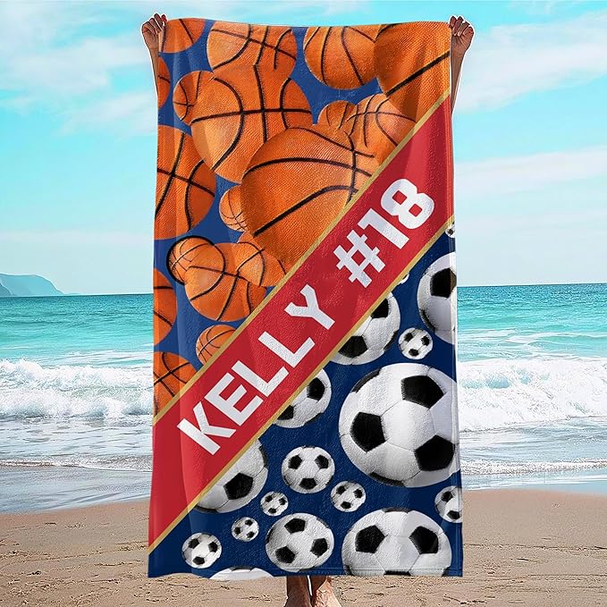 Personalized Beach Towel With Name, Custom Beach Towel with Text, Customized Basketball Football Microfiber Pool Towel, Quick Dry & Absorbent Swim Towel for Adult,Anniversary, Birthday, Summer Holiday-GravixFit