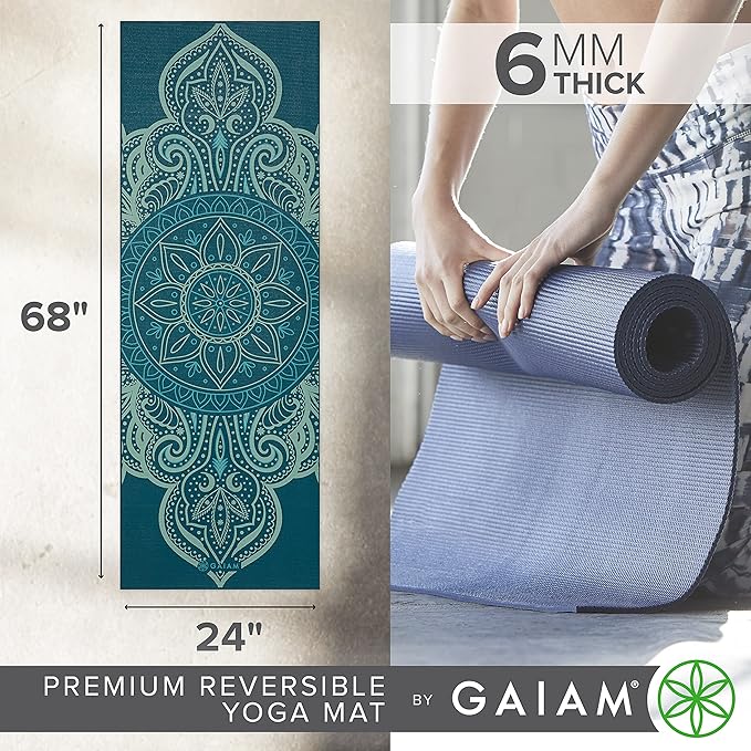 Gaiam Yoga Mat - Premium 6mm Print Reversible Extra Thick Non Slip Exercise & Fitness Mat for All Types of Yoga, Pilates & Floor Workouts (68" x 24" x 6mm Thick)-GravixFit