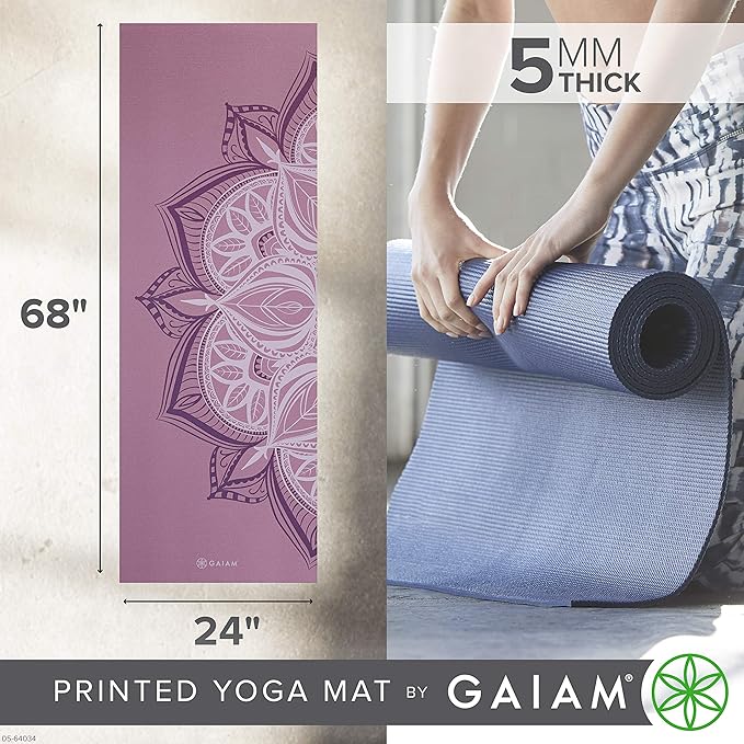 Gaiam Yoga Mat - Premium 5mm Print Thick Non Slip Exercise & Fitness Mat for All Types of Yoga, Pilates & Floor Workouts (68" x 24" x 5mm)-GravixFit